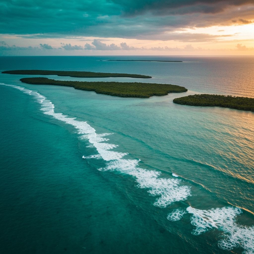 Aerial view of turquoise ocean waters with mangrove island chain